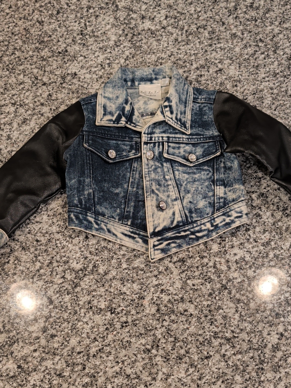 Ooh! La, La! Couture Acid-Wash Blue Denim Jacket with Black Faux Leather Sleeves